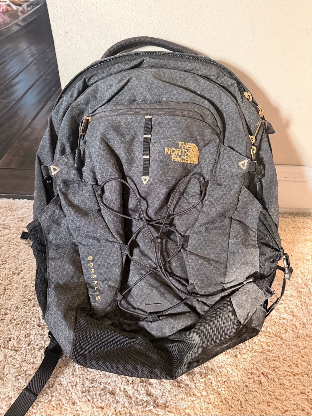 The North Face Gray/Black Borealis Backpack with Gold Logos Zippers perfect